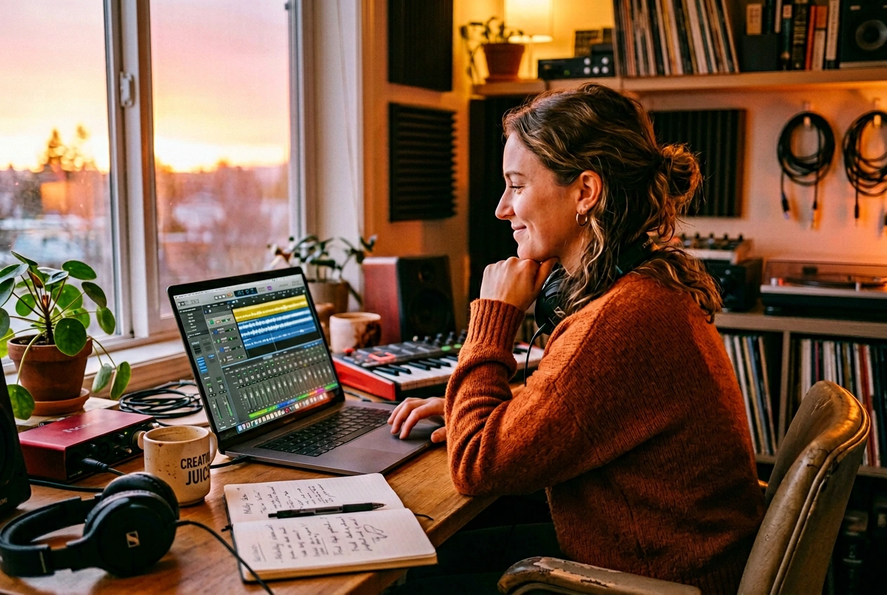 Content creator selecting AI Indie Pop Music Maker track for video
