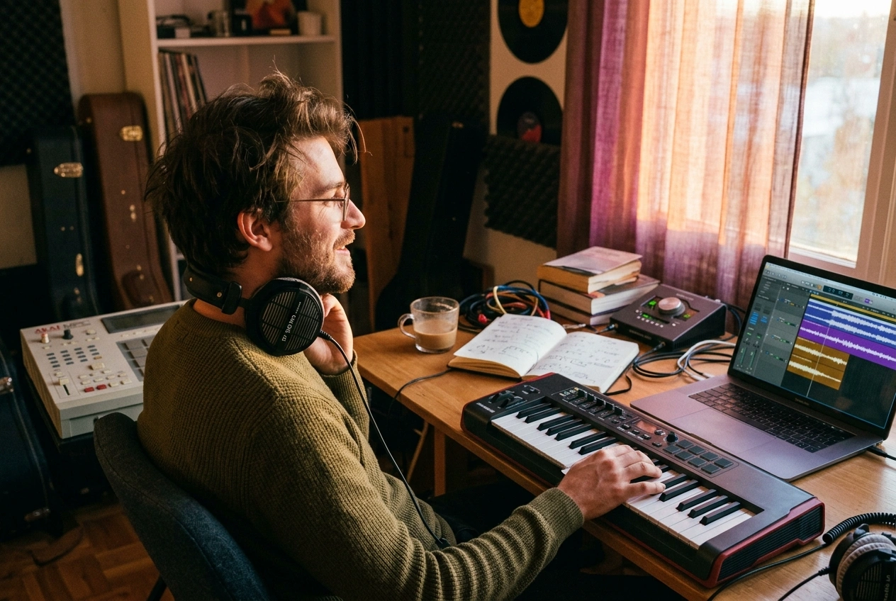 Music producer refining AI Indie Pop Music Generator output in studio
