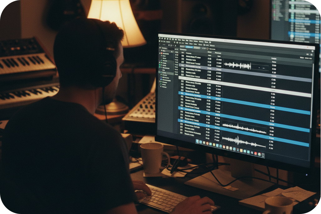 Sound engineer in a dark recording studio editing separated multi-track audio generated by Audio Splitter AI