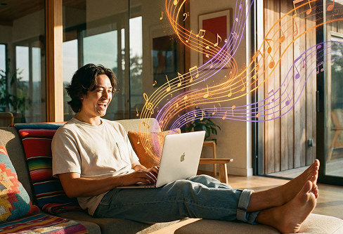 A cheerful man sits in a sunlit room using his laptop, with glowing, colorful musical notes floating from the screen, highlighting the creative magic of an Instrumental Maker.