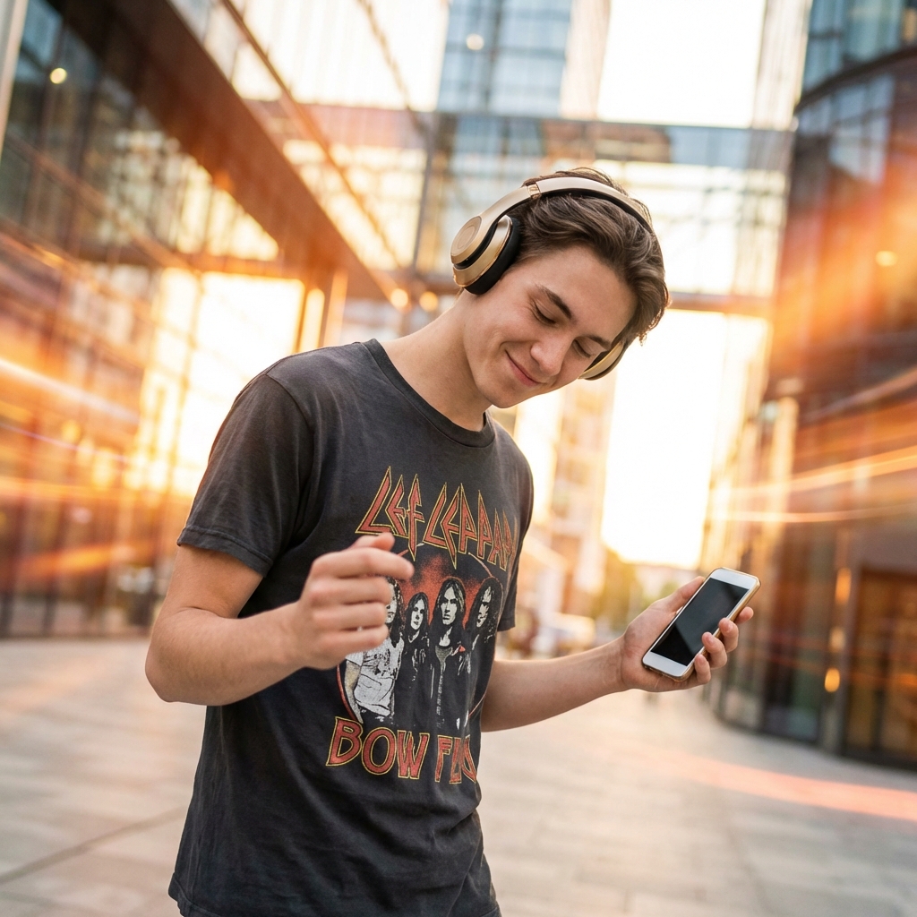 A young man walking down a sunny city street wears headphones and checks his smartphone, immersing himself in a custom track generated by an Instrumental Maker.