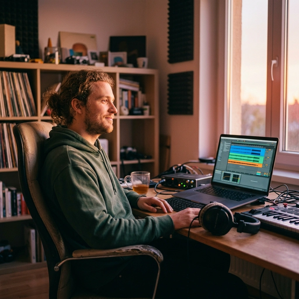 Content creator generating electronic music with AI tool