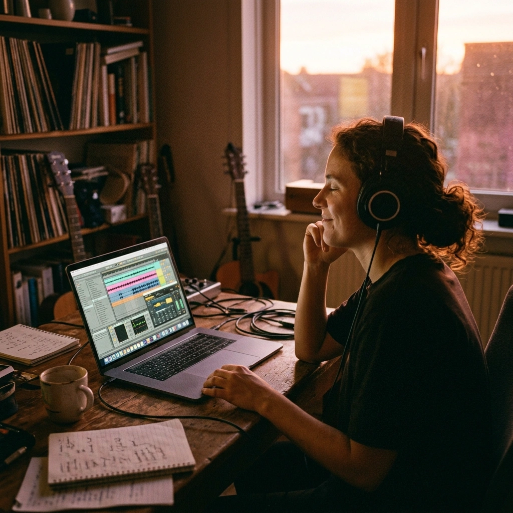 Beginner musician creating electronic beats with AI music generator