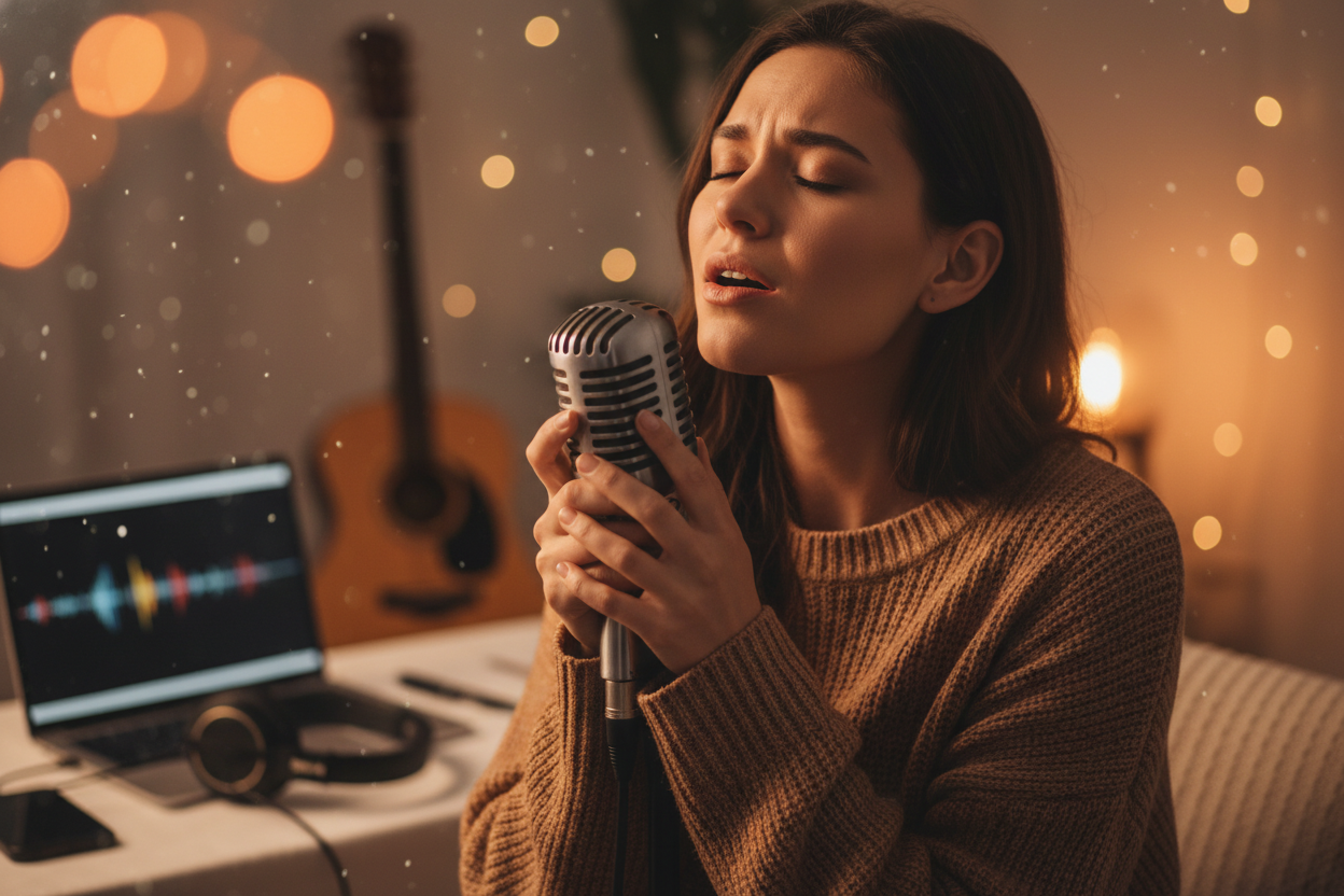 A woman sings passionately into a vintage microphone in a warm, softly lit room, creating a vocal reference to use with an AI Voice Generator Celebrity tool.