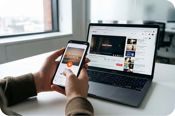 A person cross-references a music app on their smartphone with a video playing on their laptop, streaming media content powered by an AI Voice Generator Celebrity.