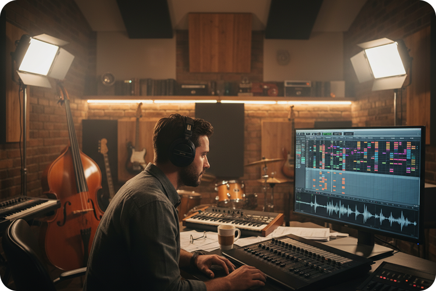 A professional music producer in a recording studio wears headphones while working on a complex arrangement using a mixing board and a digital Chord Maker.