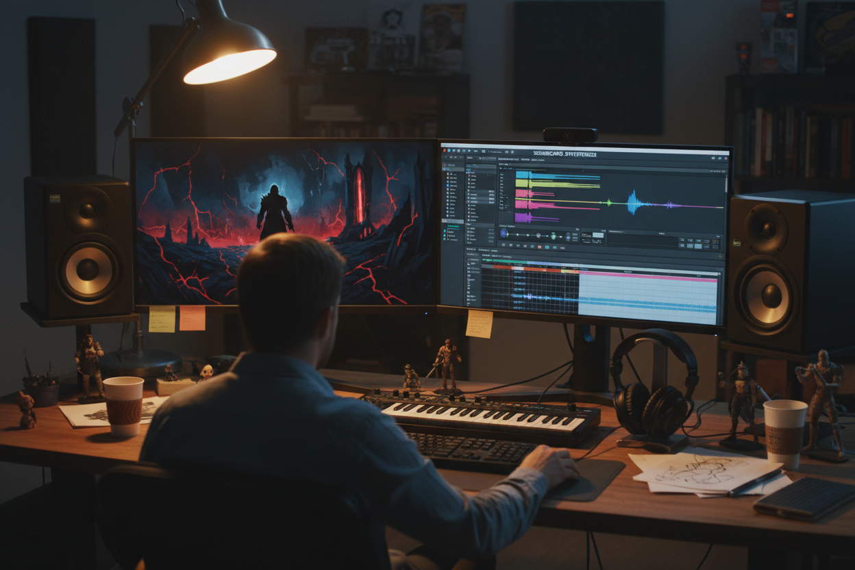 A composer working in a dark studio uses a MIDI keyboard and a Chord Maker on his dual-monitor setup to produce an epic musical soundtrack.