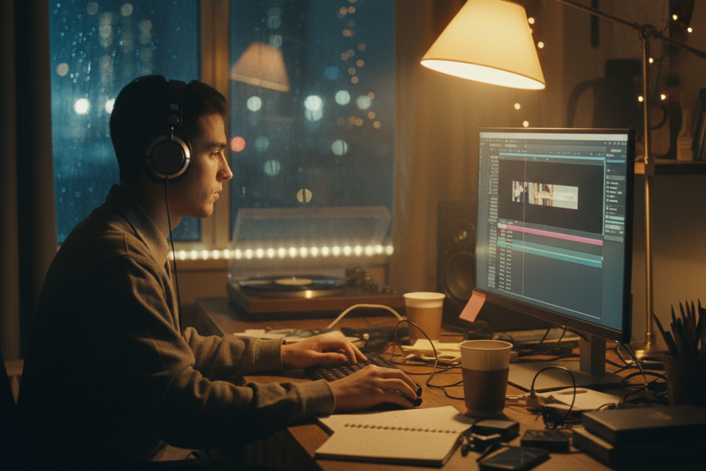A young man with headphones works late at night in his cozy room, editing a multitrack audio project on his computer that he composed using a Chord Maker.