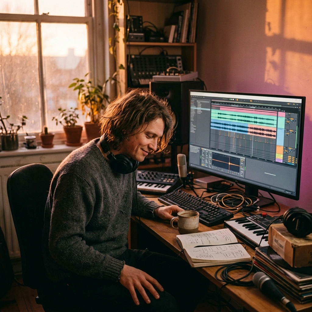 Content creator using AI Breakbeat Music Generator for videos