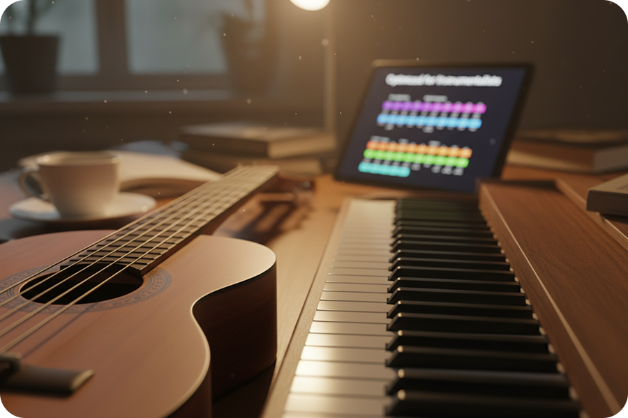 Acoustic guitar and MIDI keyboard on a desk with a tablet displaying a Beat Key Finder interface with colorful chord grids