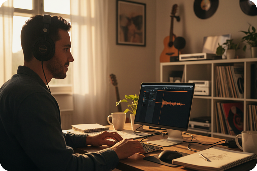 Focused producer wearing headphones in a cozy home studio, editing audio waveforms of a drum track produced by an AI Beat Generator on his computer monitor