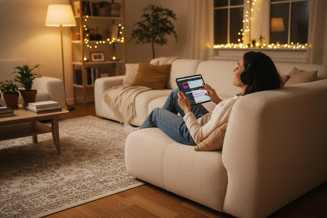 Relaxed woman wearing headphones on a living room sofa at night, listening to and generating personalized AI Covers on her tablet