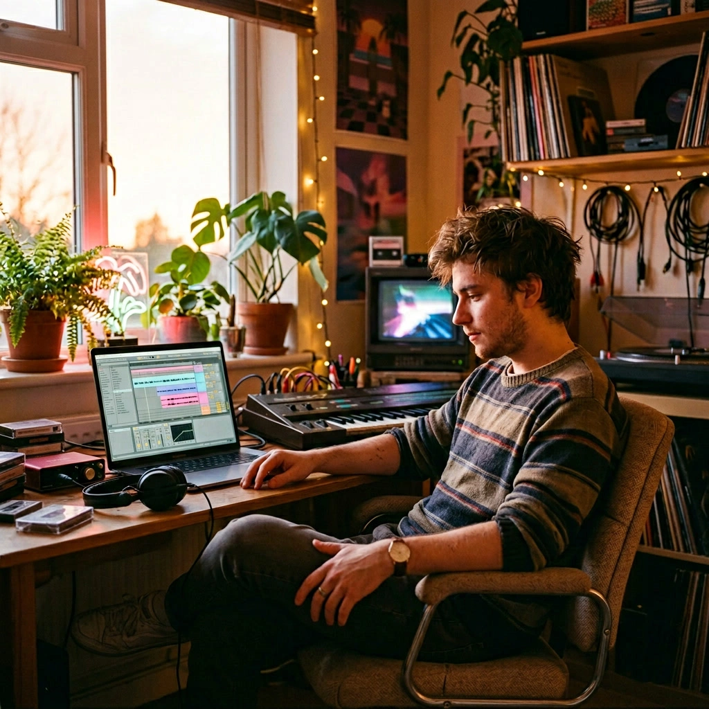 Independent artist using AI Vaporwave Music Generator at home
