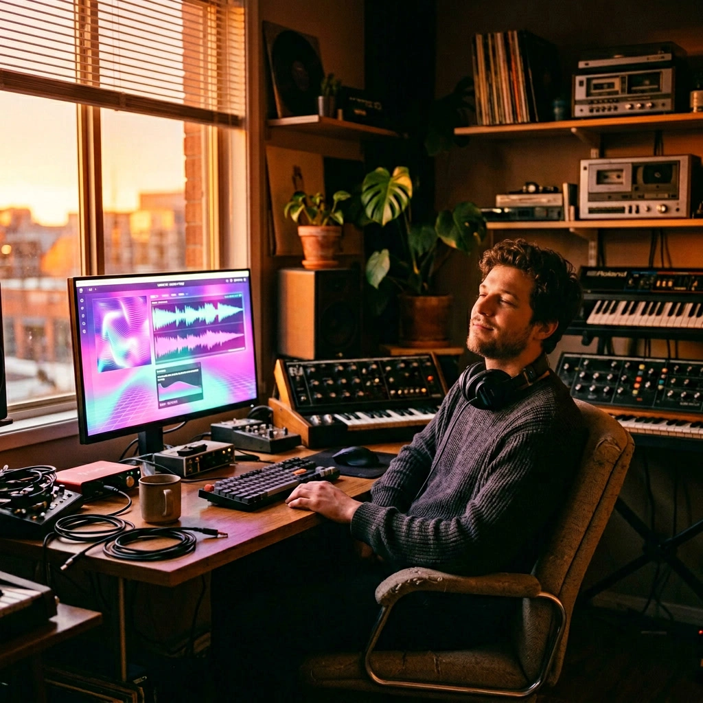 Content creator selecting vaporwave track from AI Music Maker