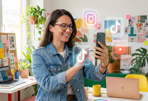 Smiling creator looking at her smartphone, ready to share a viral track created with an AI Song Singer to social media platforms