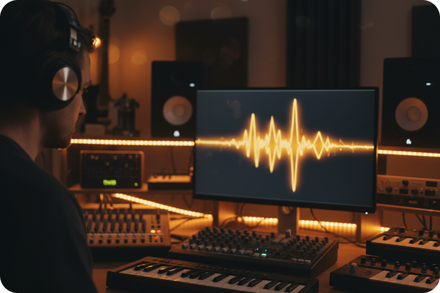 Focused music producer analyzing a glowing orange soundwave on a studio monitor after isolating vocals with a Music Vocal Remover
