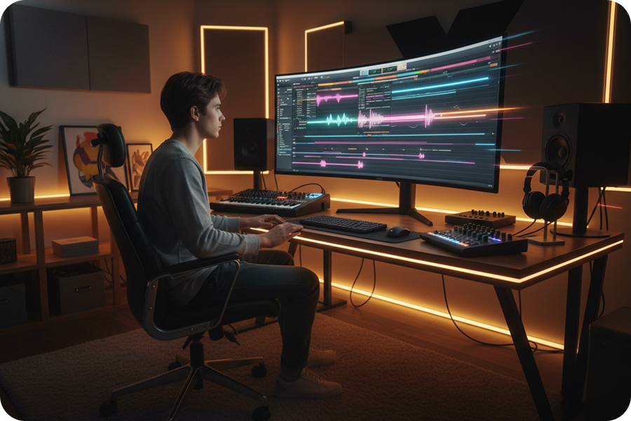 Music producer in a sunlit home studio wearing headphones and editing a generated vocal waveform on his monitor using an AI voice cloner