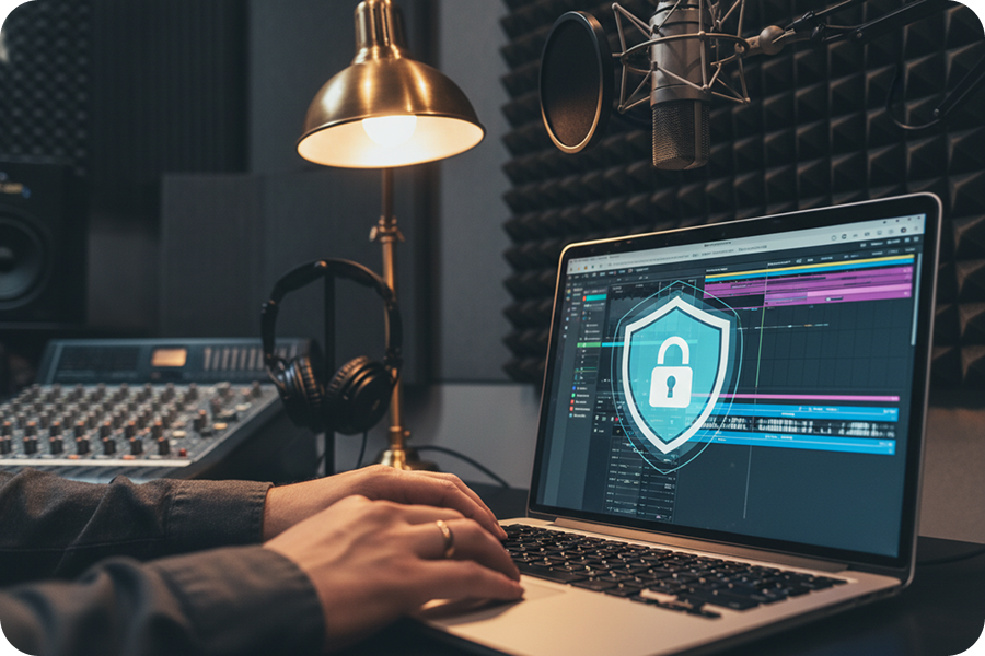 Creator working on a laptop in a recording booth, highlighting the data privacy and security features of a professional AI voice cloner software