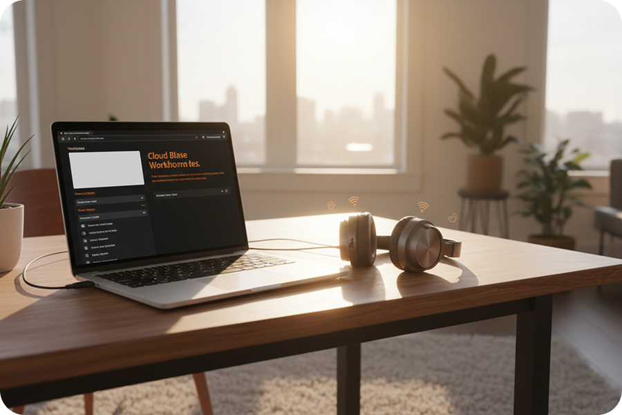 A modern laptop and wireless headphones on a sunlit desk, showcasing a cloud-based AI Lyric Writer tool for instant songwriting inspiration
