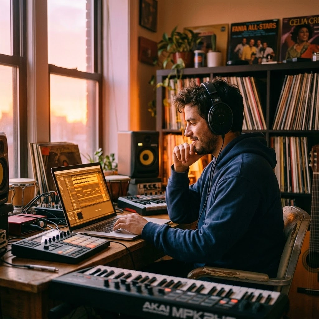 Music producer working with AI Latin Music Maker tools