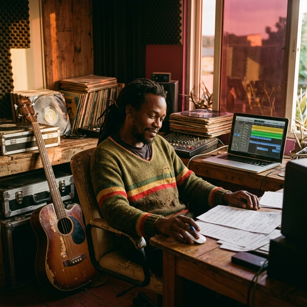 Music producer working with AI Reggae Music Maker in studio