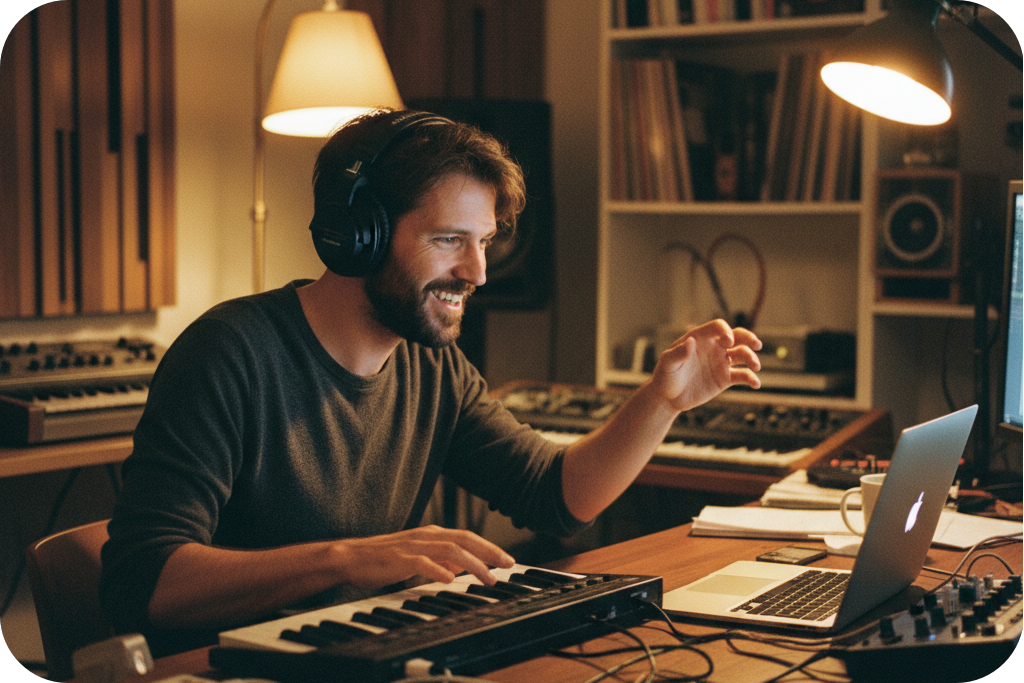 Young music producer in a neon-lit studio using an ultra-wide curved monitor to sequence audio tracks with an advanced AI remix generator