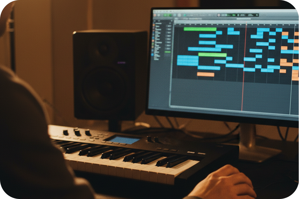 Musician playing a MIDI keyboard in a recording studio, arranging new synth layers for a song using an AI remix generator