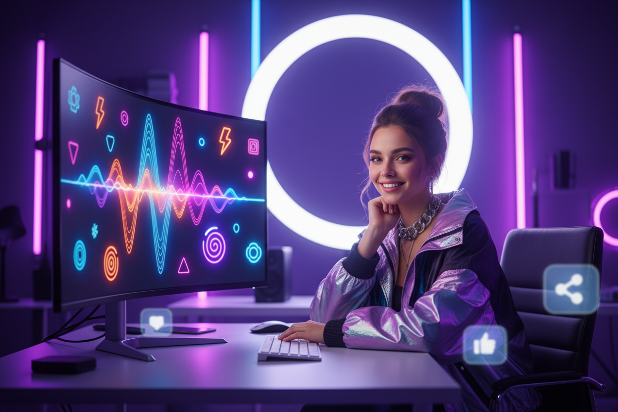 Smiling female creator in a futuristic neon room, ready to share her viral track made with an AI remix generator to social media
