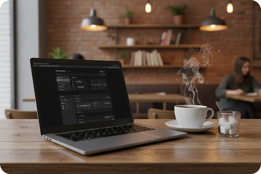 Laptop on a wooden cafe table next to a steaming cup of coffee, running a web-based AI instrumental remover for on-the-go audio editing