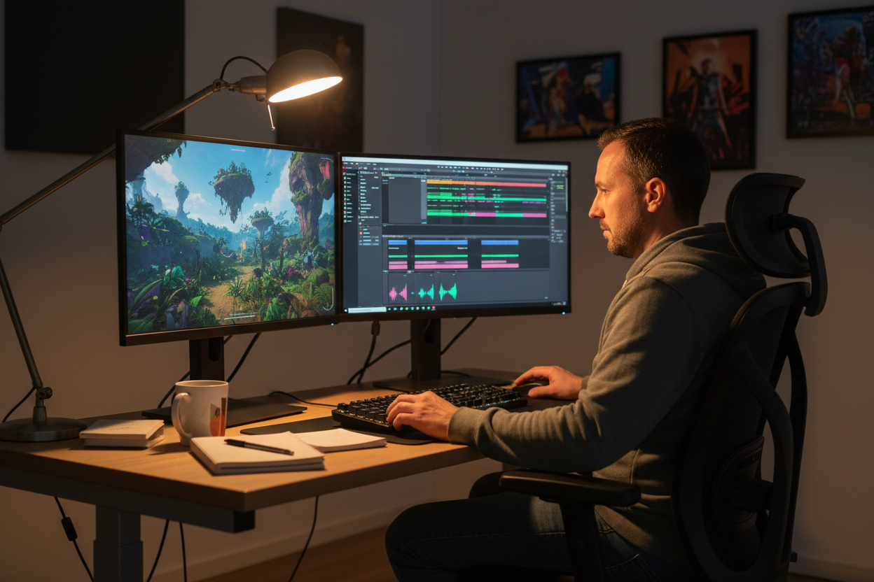 Young music producer in a neon-lit studio using an ultra-wide monitor to remix instrumentals isolated by a powerful Audio Voice Remover