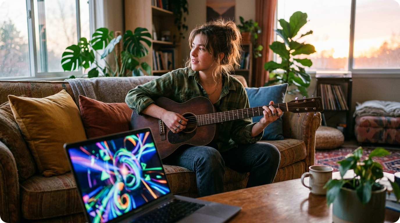 Female musician playing acoustic guitar on a couch, seeking songwriting inspiration from a Rhyme Lyrics Generator on her laptop
