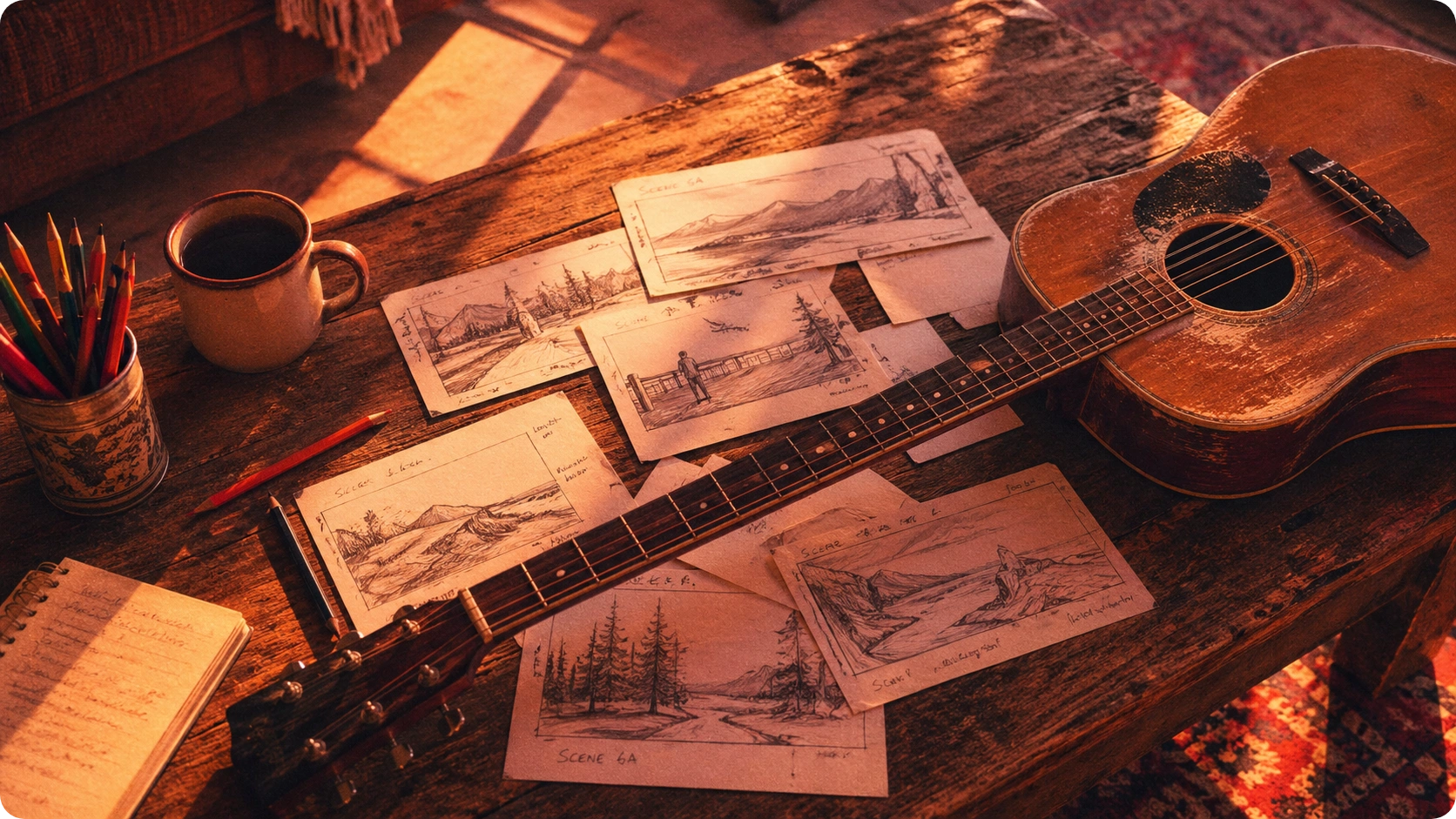 Acoustic guitar and sketch papers on a sunlit wooden table, representing the creative songwriting process powered by a Rhyme Lyrics Generator