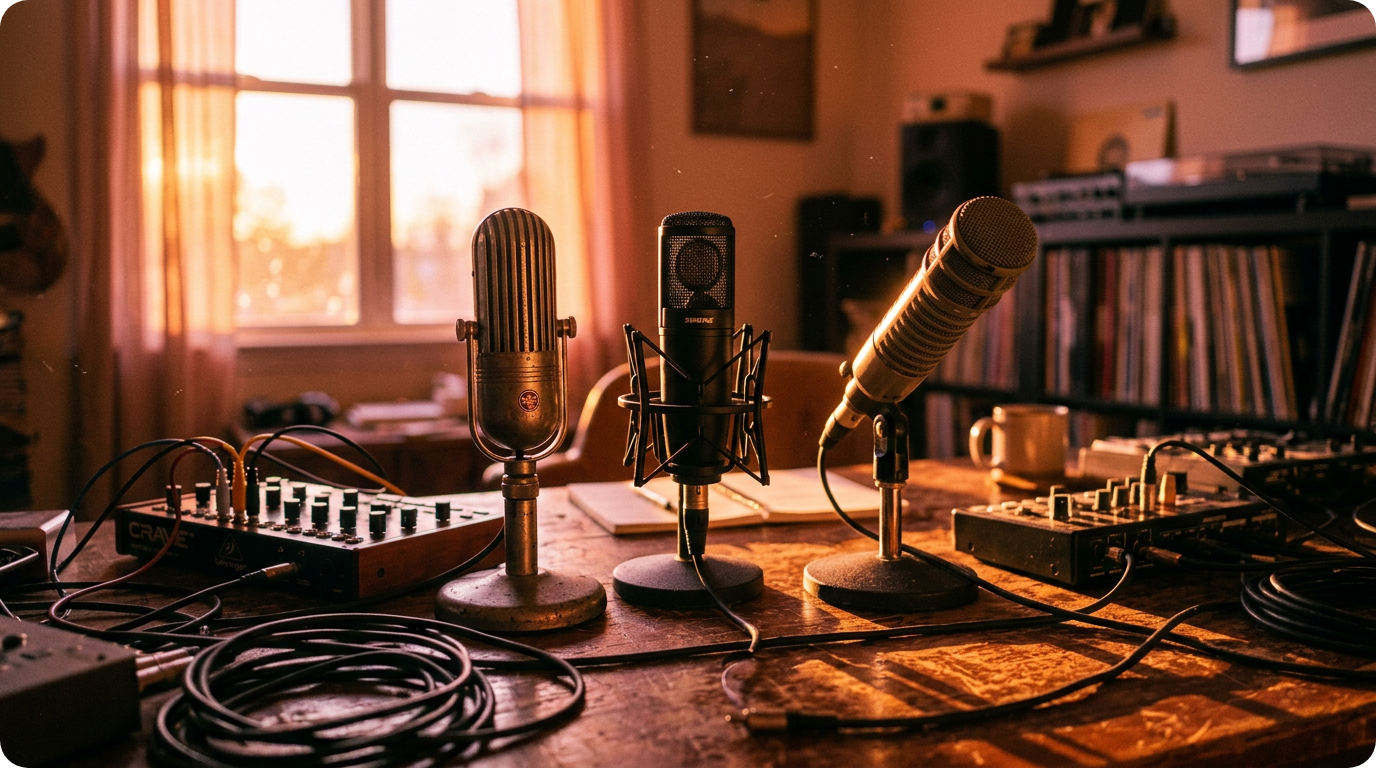 A professional recording setup with various microphones, ready to capture vocals over instrumental arrangements from a Chord Progression Builde