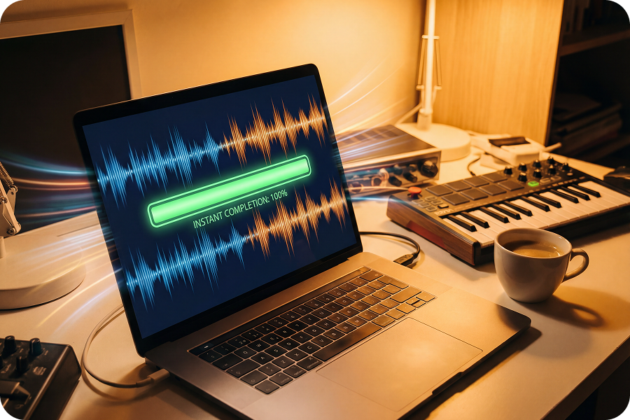 Acoustic guitar and songwriting sketches on a wooden table, representing the creative process enhanced by an AI Freestyle Generator