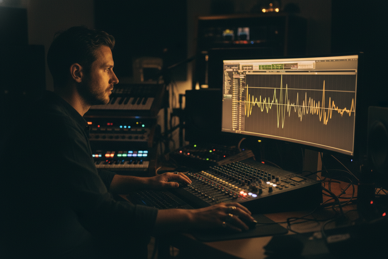 An audio engineer in a studio analyzing complex soundwaves with a Music Note Finder to ensure perfect pitch accuracy
