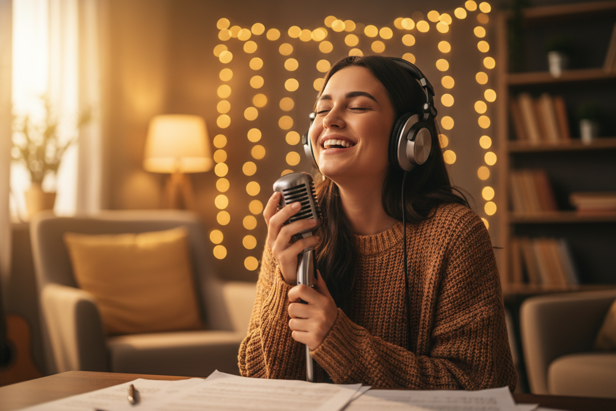 A joyful female vocalist singing into a microphone, relying on a Music Note Finder to stay in perfect key