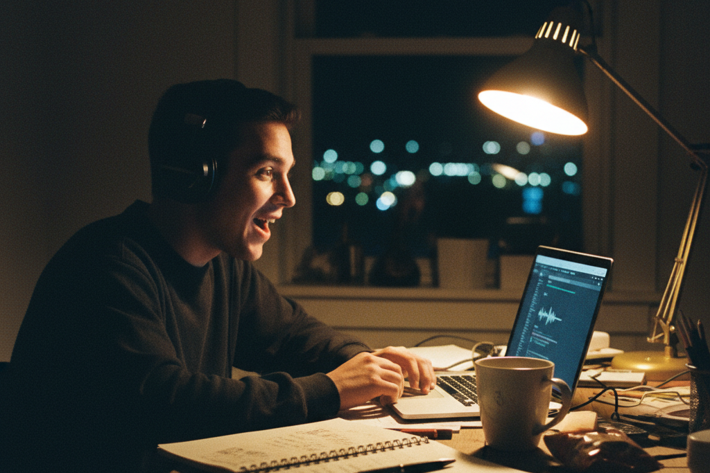 An excited songwriter working late at night, amazed by the storytelling quality of lyrics produced by an online Country Lyrics Generator