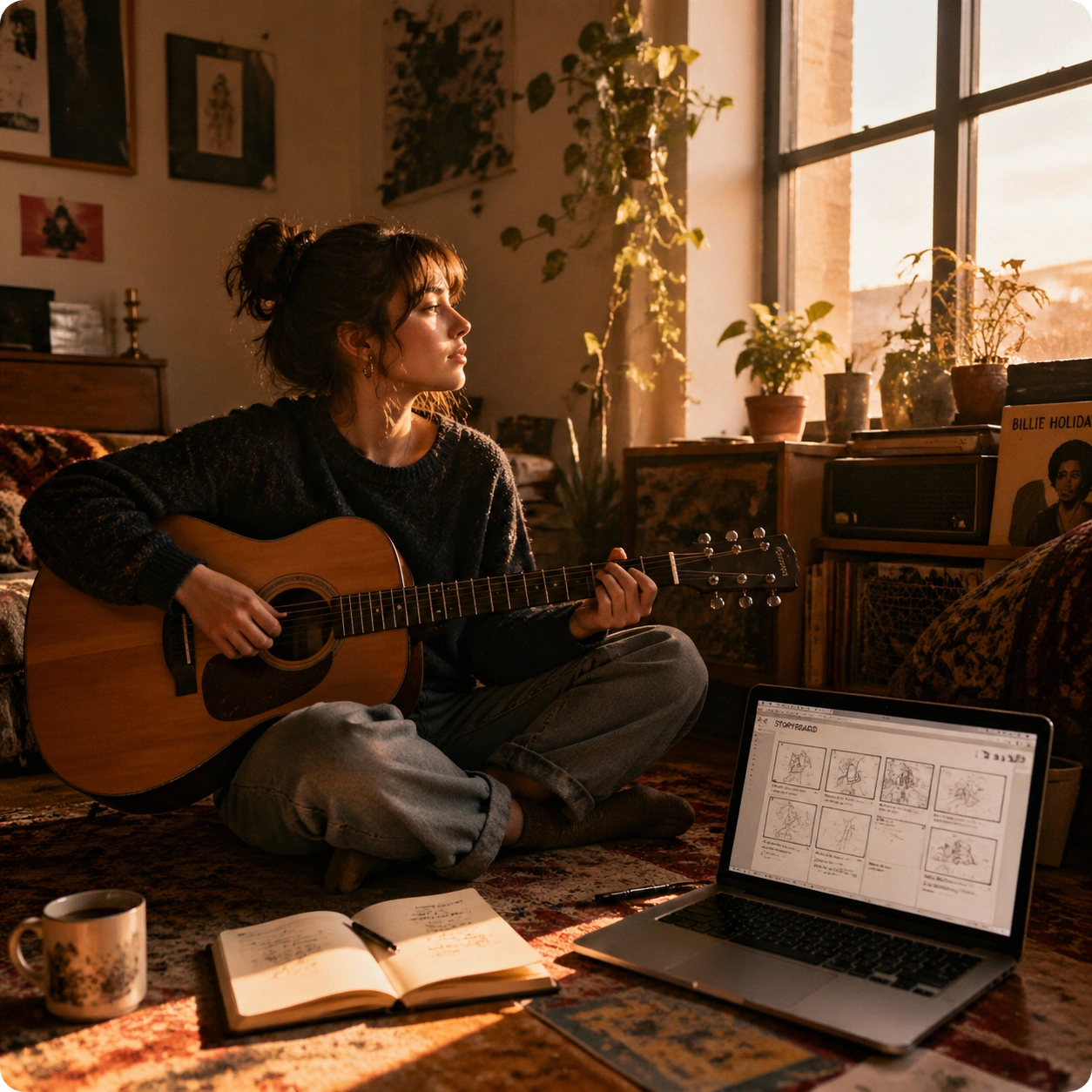 A young songwriter playing acoustic guitar in a cozy living room, using a laptop to create custom graphics for her Apple Music Visualizer
