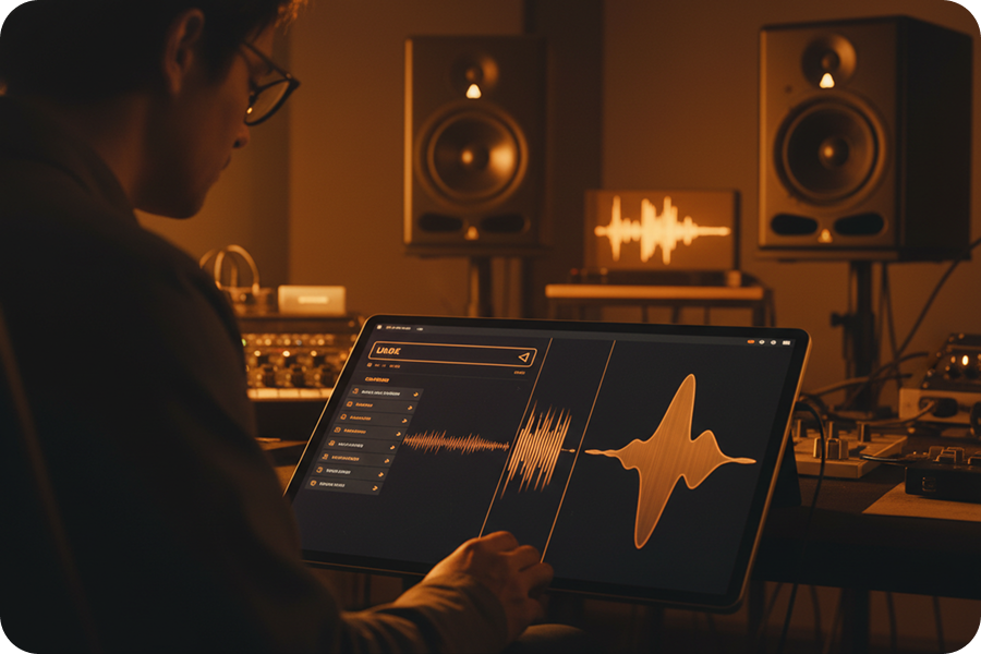 A sound designer using a touch tablet to precisely map sound frequencies to visual elements within a Music Video Maker interface