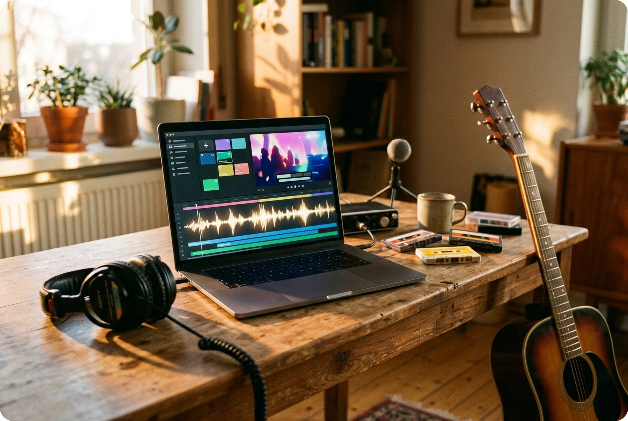 A home studio setup featuring a laptop running a Music Video Creator, surrounded by a guitar, headphones, and vintage cassettes