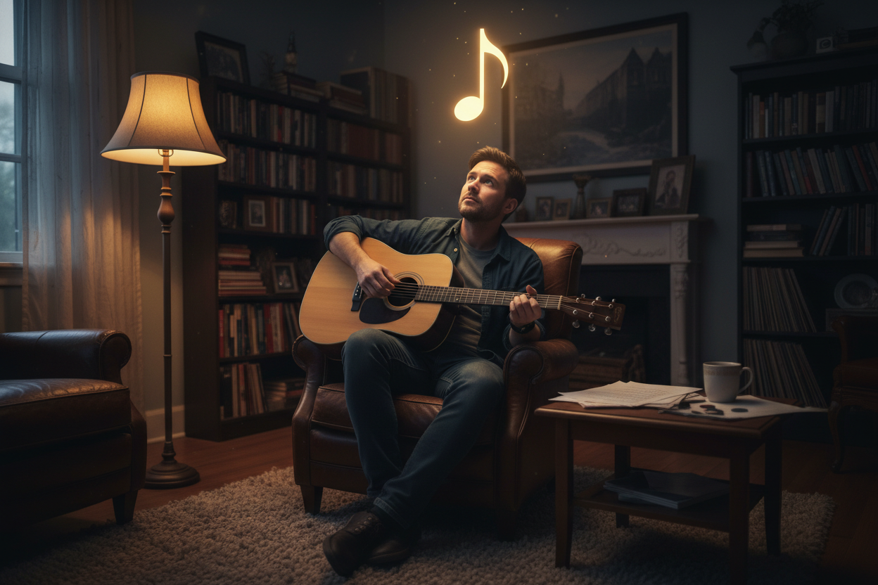 A songwriter playing acoustic guitar, using an Anime & Animated Music Video Maker to visualize his music with creative storytelling