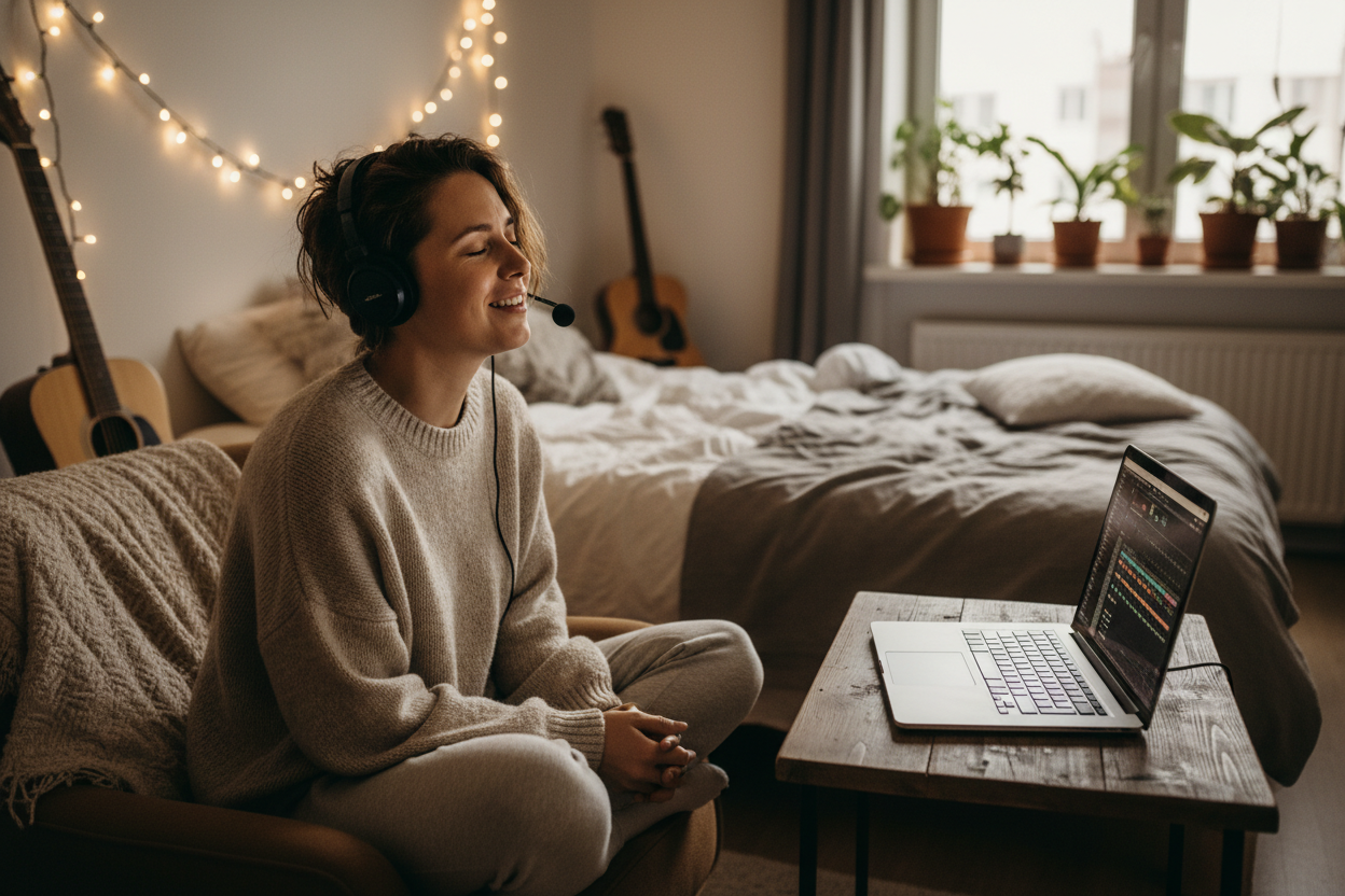 A young producer relaxing in her bedroom, creating a lo-fi track with an Anime & Animated Music Video Maker on her laptop