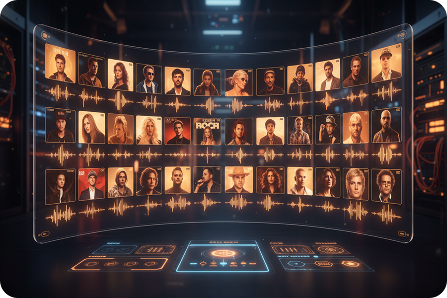 A futuristic digital gallery within a Birthday & Event Video Maker with Music, allowing users to browse thousands of vocal and song styles for their events