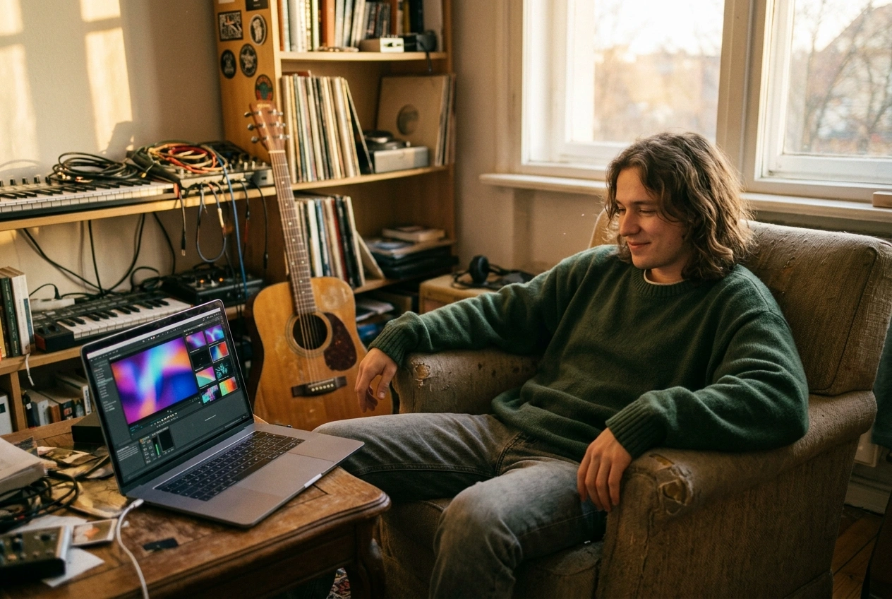 A creative individual at home using a Birthday & Event Video Maker with Music to compile sentimental family photos into a heartfelt event tribute
