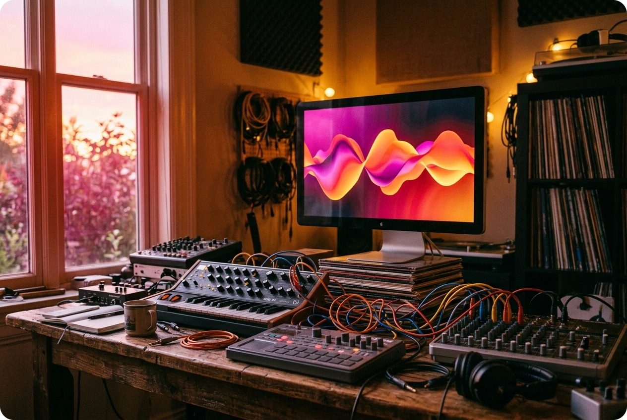 A creative home studio desk at sunset, featuring a computer running a Slideshow Maker with Music to generate audio-reactive visuals