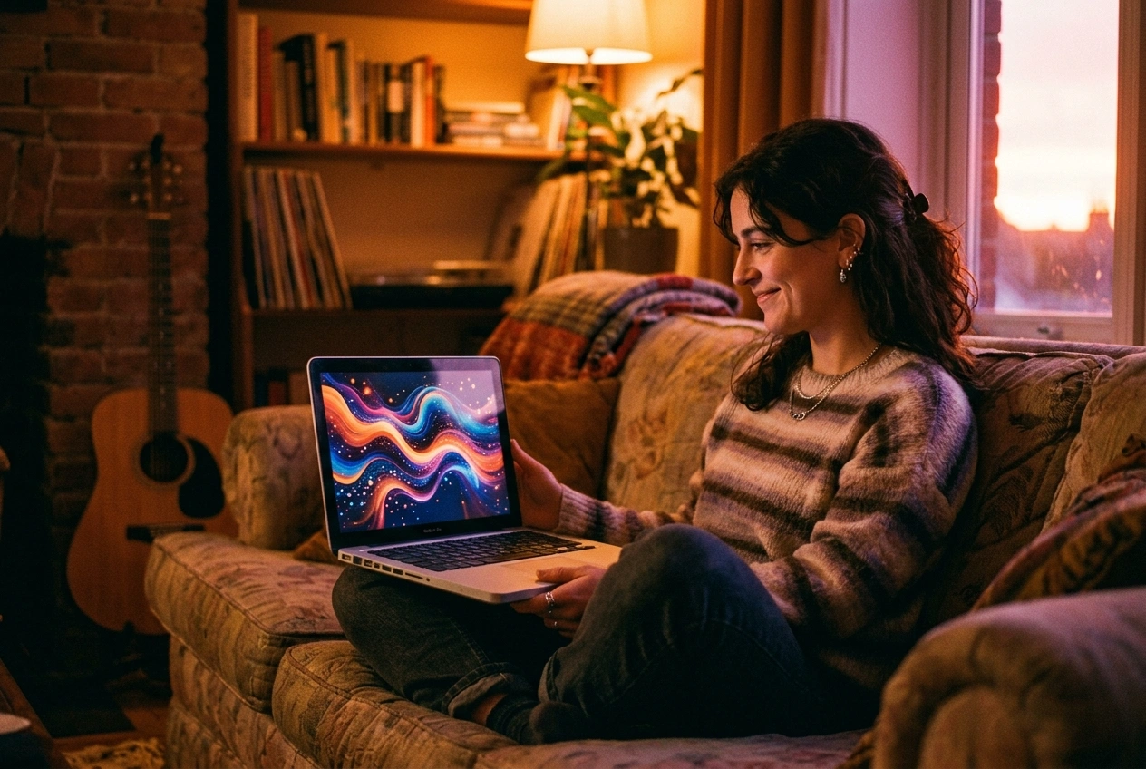 A woman relaxing on a sofa while viewing a vibrant digital animation created by an AI-powered Slideshow Maker with Music