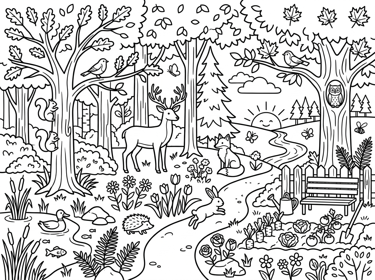 Nature-themed coloring pages with animals and plants