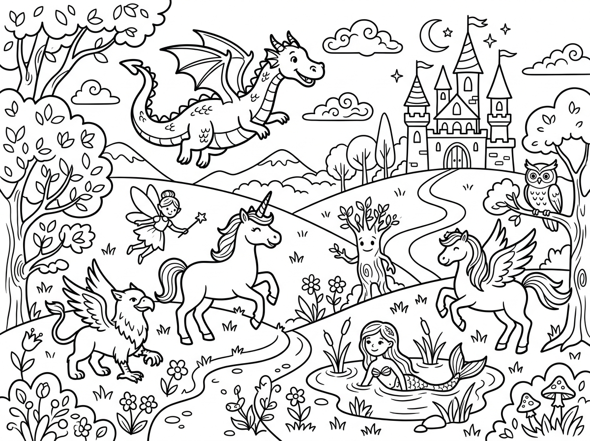 Fantasy coloring pages with dragons and magical elements