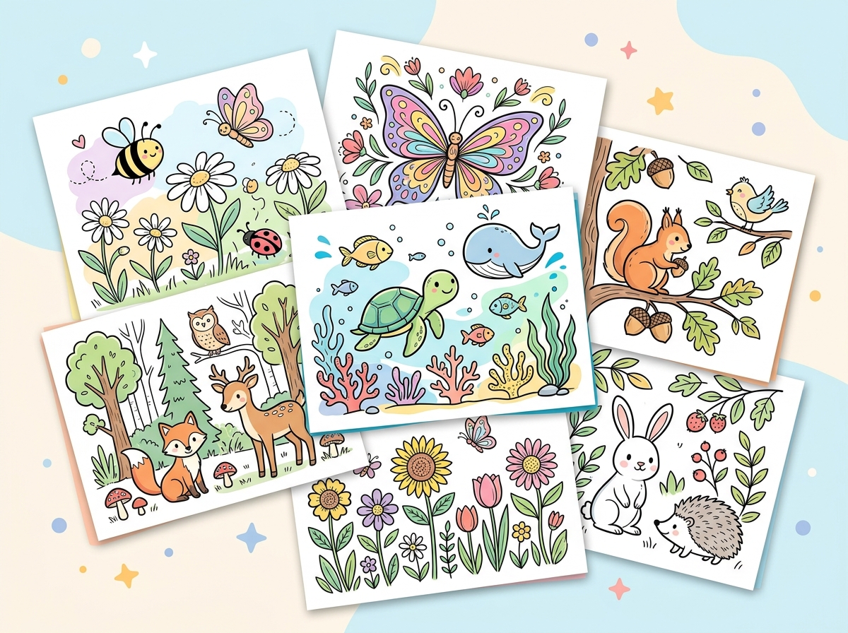 Multiple coloring pages arranged as book collection