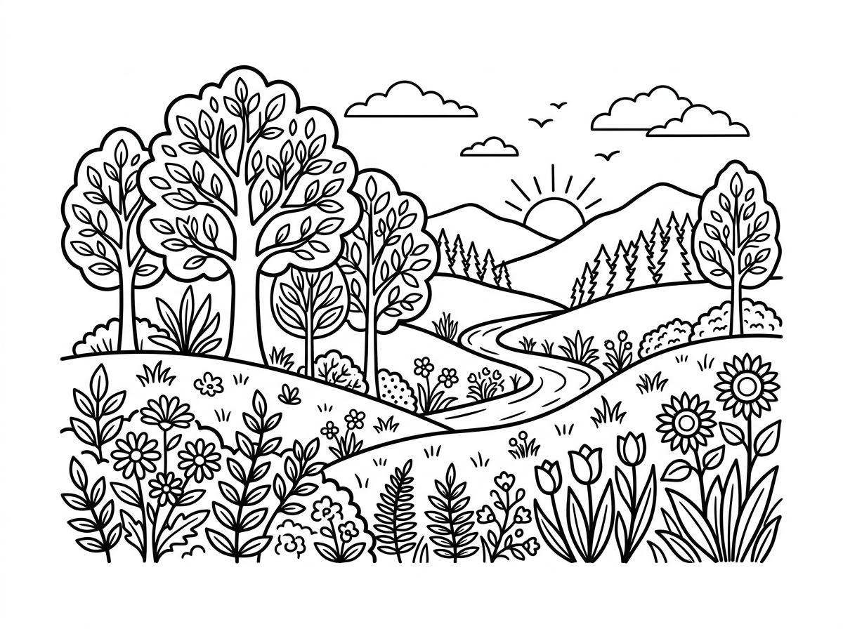 Nature scene coloring page
